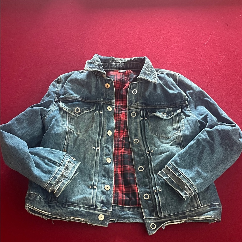 Blank NYC Blue Denim Jacket with Red Plaid  2 jackets in one !